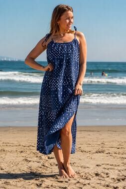 NEW Splendid Beach Bandana Tie Strap Maxi Dress Blue White Size Small